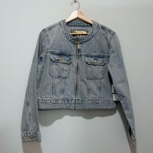 Michael Kors Women's Crew Neckline Denim Crop Full Zip Jacket